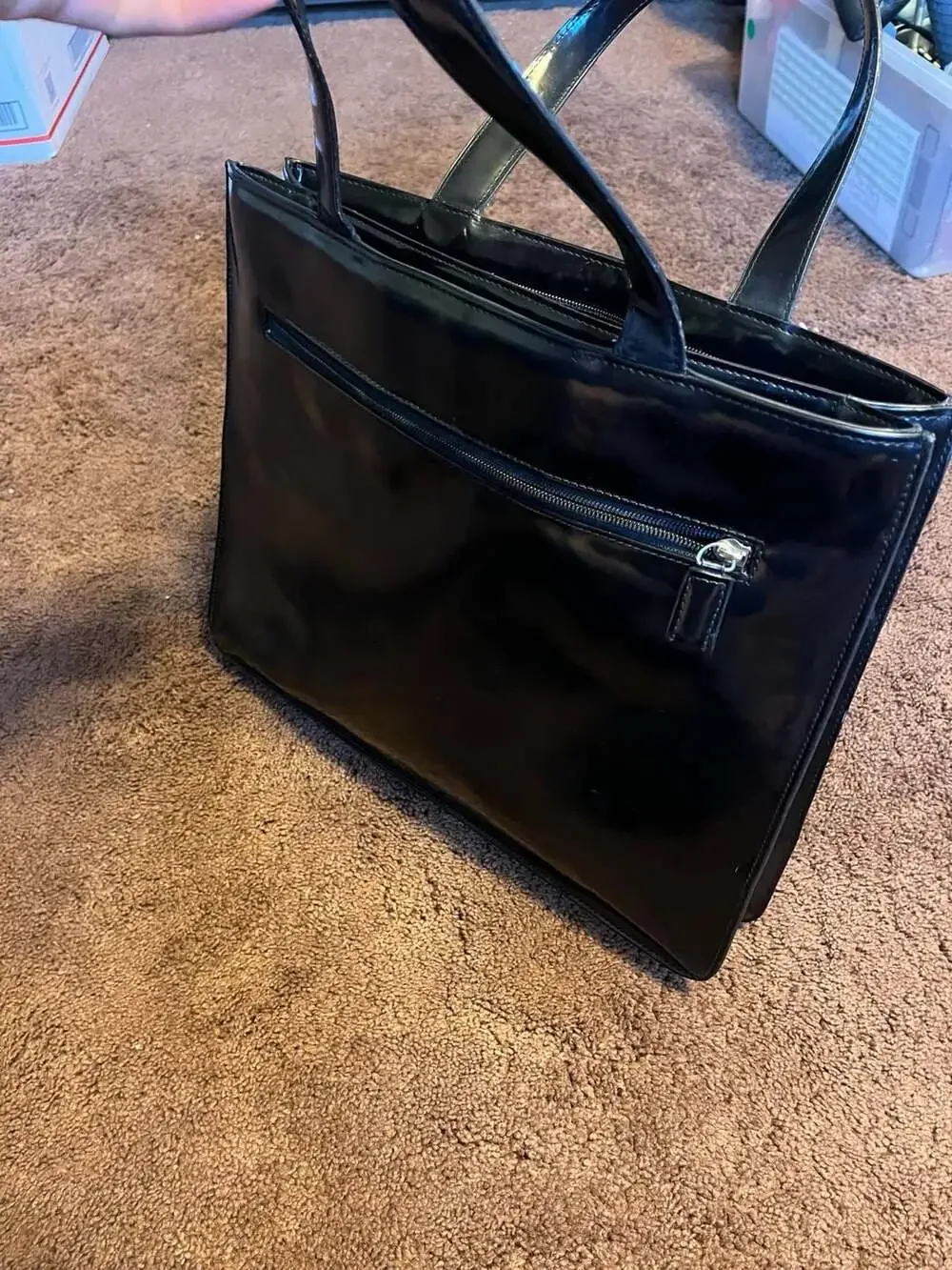 GUCCI Vintage Black Patent Leather Tote Bag with Drawstring and Front Logo
